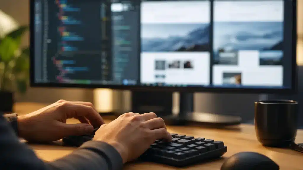 Mains sur un clavier devant un éditeur de code affichant deux versions d'une page web en comparaison